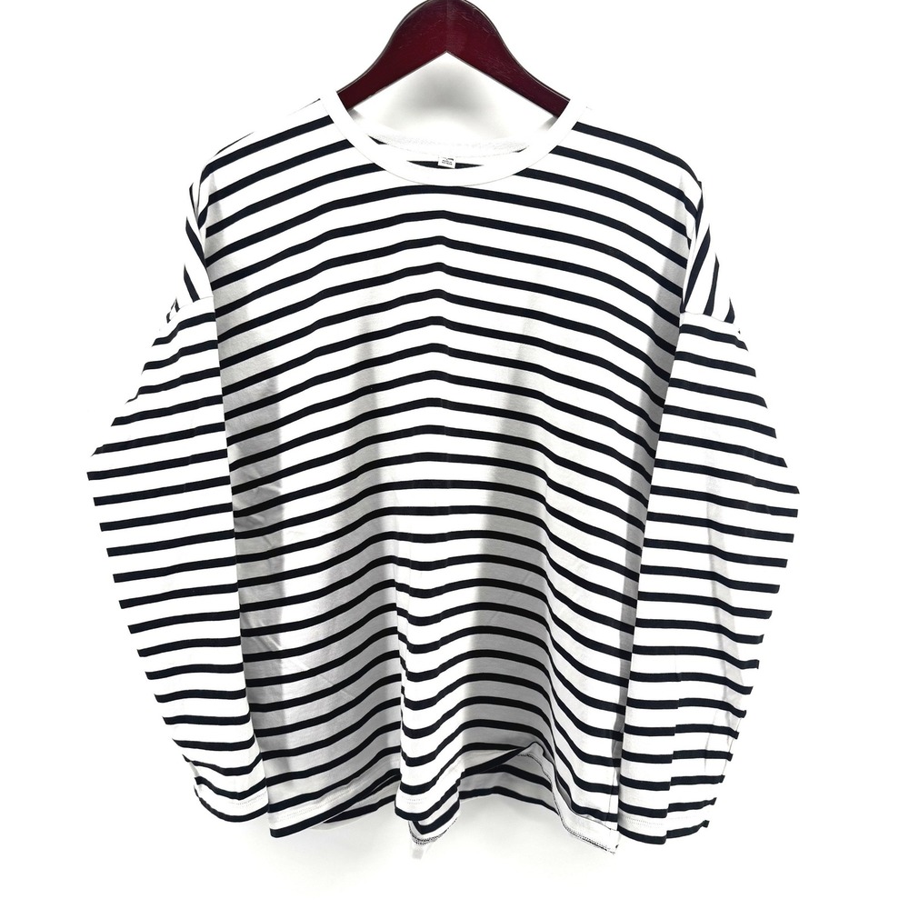 Uniqlo AIRism Tee Women Large White Black Striped Long Sleeve Shirt Minimalist